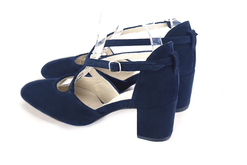 Navy blue women's open side shoes, with crossed straps. Square toe. Medium block heels. Rear view - Florence KOOIJMAN